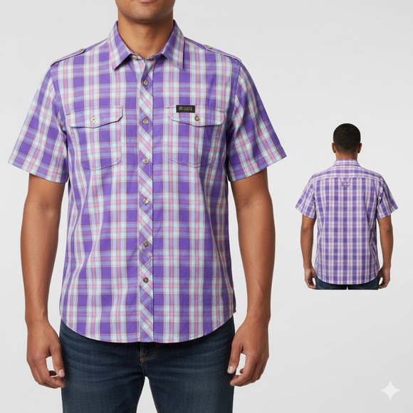 CAVI Mens 2XL Purple Plaid Short Sleeve Collared Modern Button Up Shirt NWOT - Picture 1 of 13